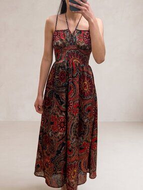 Shein Paisley Midi Dress | Halter Neck | Boho Red & Black Print XS